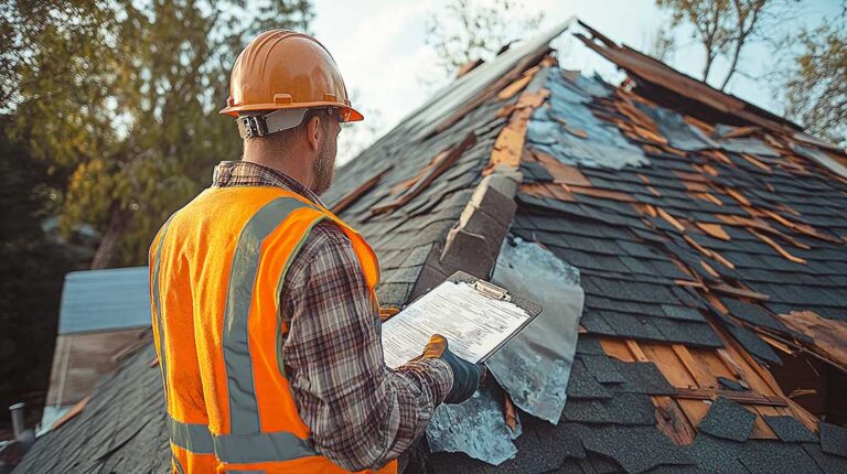 Homeowner documenting ceiling water damage while a temporary roof covering protects the house.